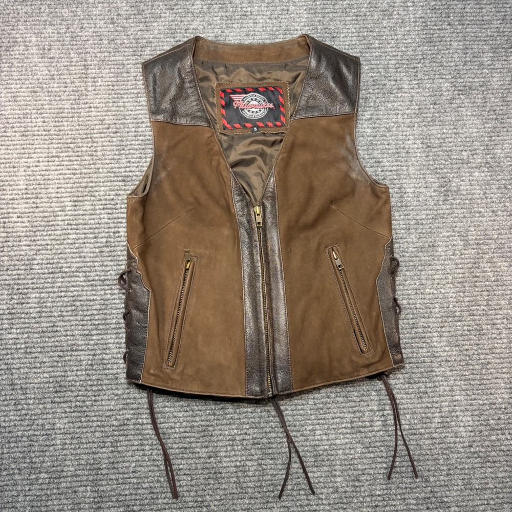 Milwaukee Motorcycle Leather Vest Womens S Brown Suede Lace Up Biker Zip Front